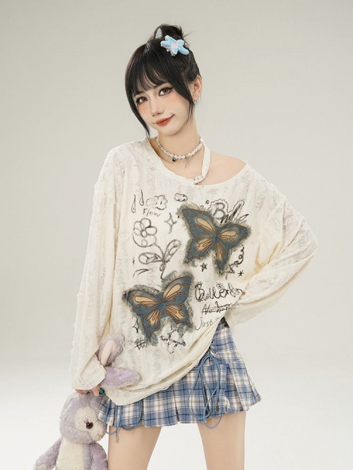 MR 原版破洞布 美式复古蝴蝶贴布露肩女慵懒风薄款设计感破洞 MR 原版破洞布 美式复古蝴蝶贴布露肩女慵懒风薄款设计感破洞