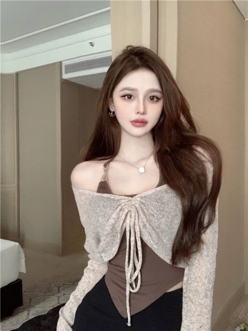 辣妹抽绳针织罩衫女春季2023新款长袖修身显瘦短款外套上衣两 辣妹抽绳针织罩衫女春季2023新款长袖修身显瘦短款外套上衣两