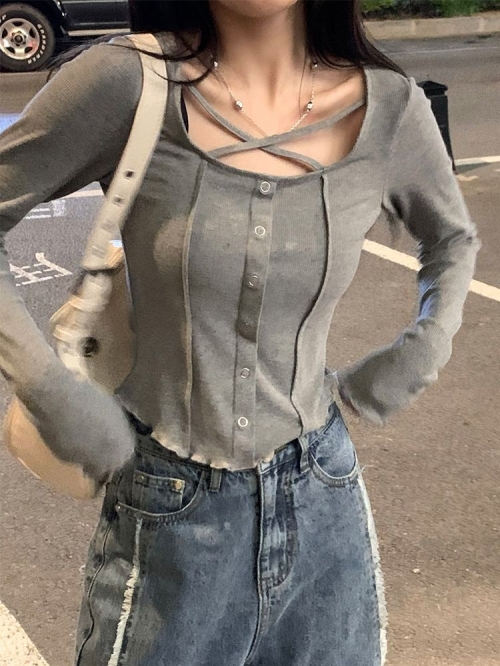 辣妹心机锁骨显瘦短上衣女薄款修身长袖针织T恤夏装 辣妹心机锁骨显瘦短上衣女薄款修身长袖针织T恤夏装