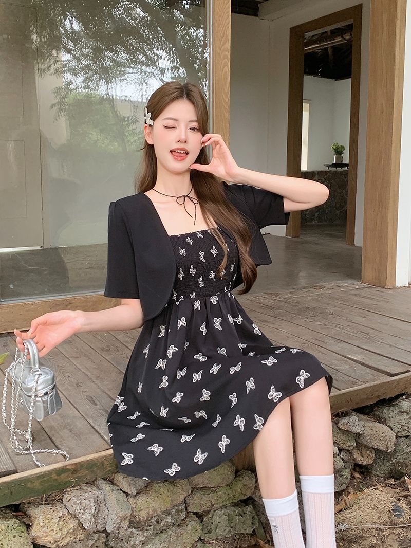 实拍 大码辣妹性感吊带连衣裙夏季赫本风胖MM显瘦裙子披肩两件