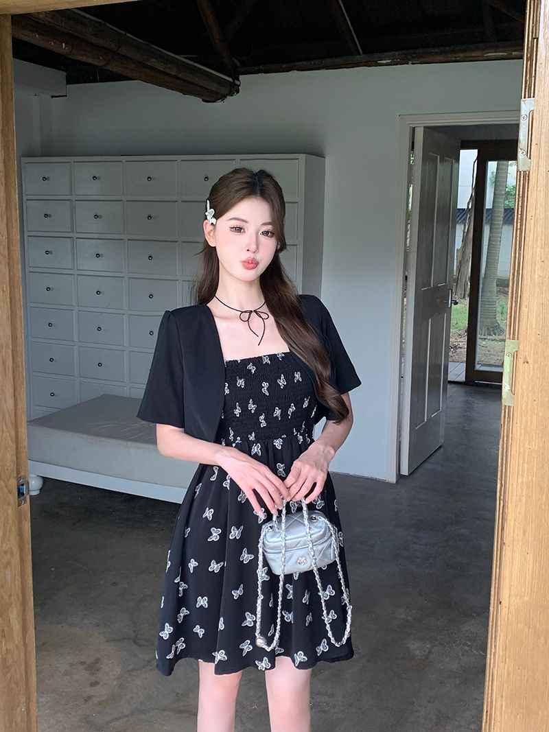 实拍 大码辣妹性感吊带连衣裙夏季赫本风胖MM显瘦裙子披肩两件