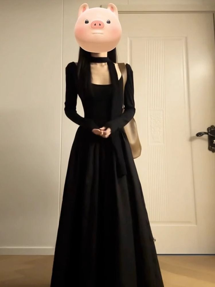 法式气质包臀长裙黑色长袖连衣裙子2025新款深秋初冬季内搭打