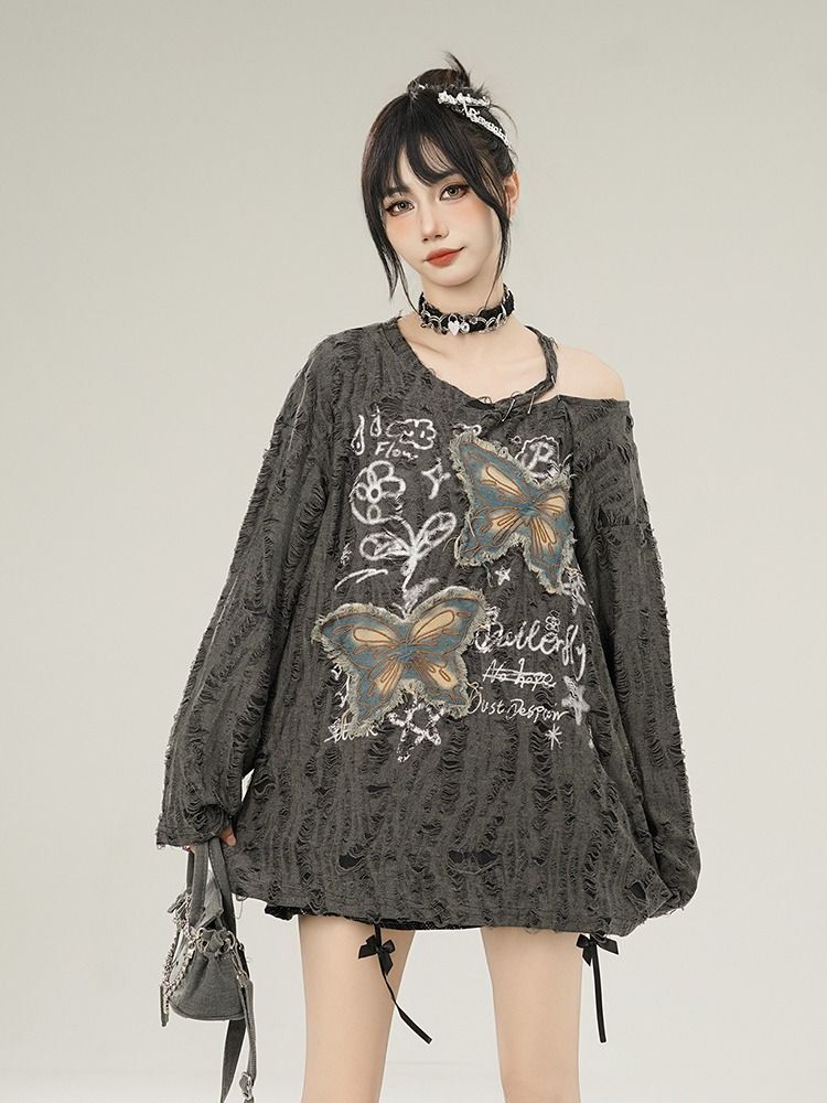 MR 原版破洞布 美式复古蝴蝶贴布露肩女慵懒风薄款设计感破洞