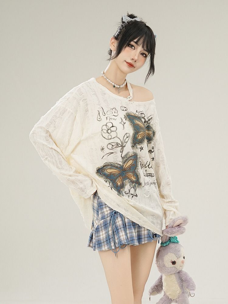 MR 原版破洞布 美式复古蝴蝶贴布露肩女慵懒风薄款设计感破洞