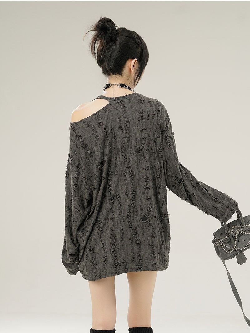 MR 原版破洞布 美式复古蝴蝶贴布露肩女慵懒风薄款设计感破洞