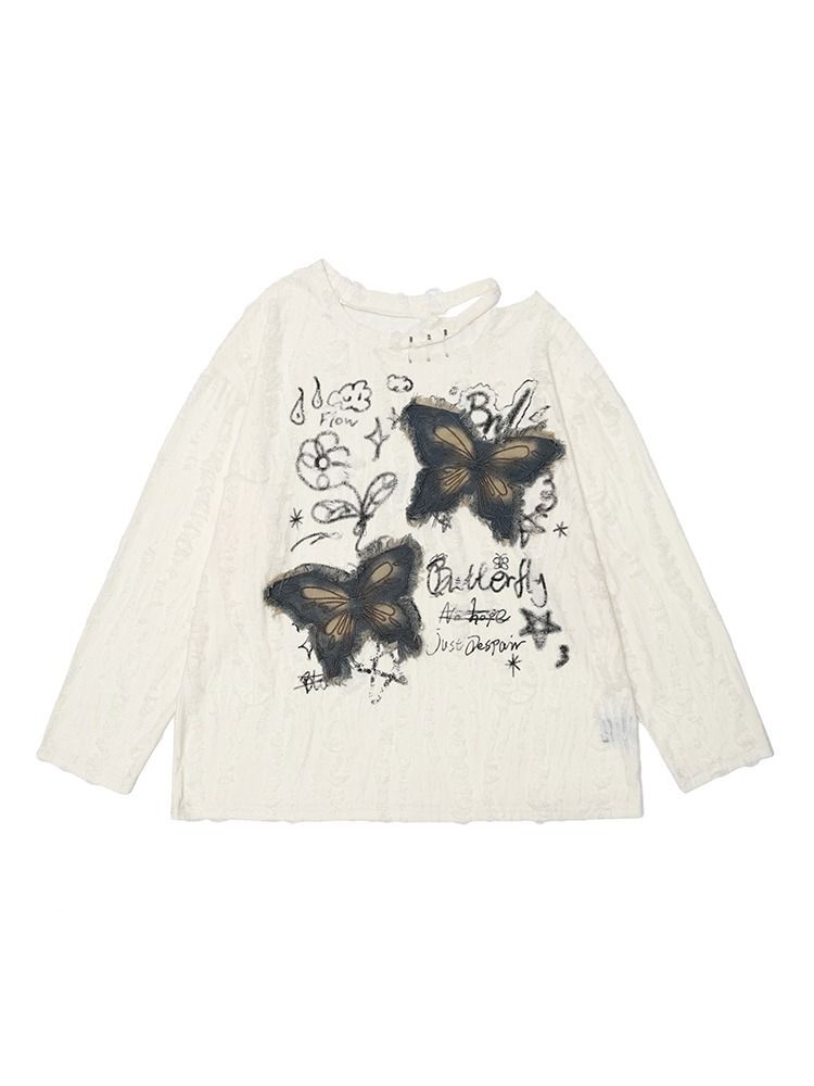 MR 原版破洞布 美式复古蝴蝶贴布露肩女慵懒风薄款设计感破洞