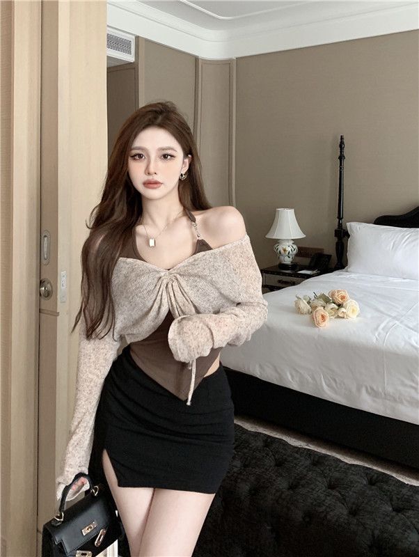 辣妹抽绳针织罩衫女春季2023新款长袖修身显瘦短款外套上衣两