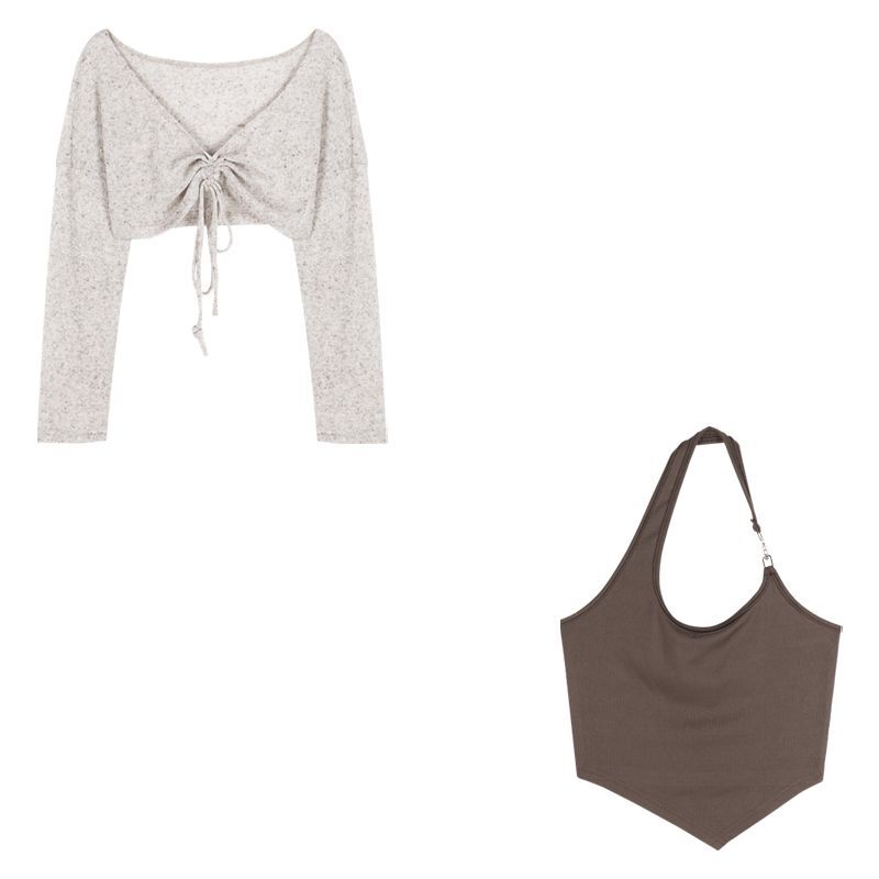 辣妹抽绳针织罩衫女春季2023新款长袖修身显瘦短款外套上衣两