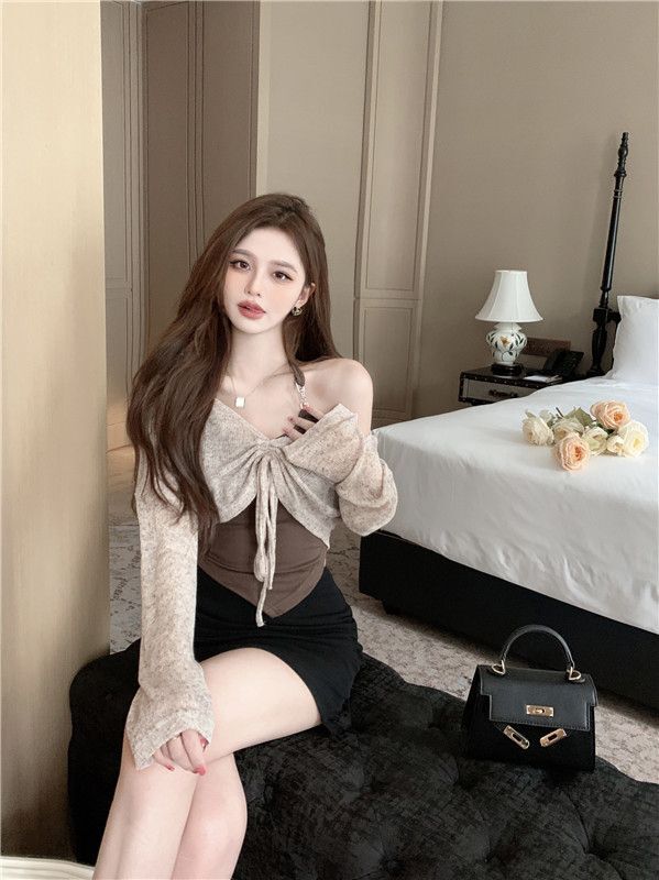 辣妹抽绳针织罩衫女春季2023新款长袖修身显瘦短款外套上衣两