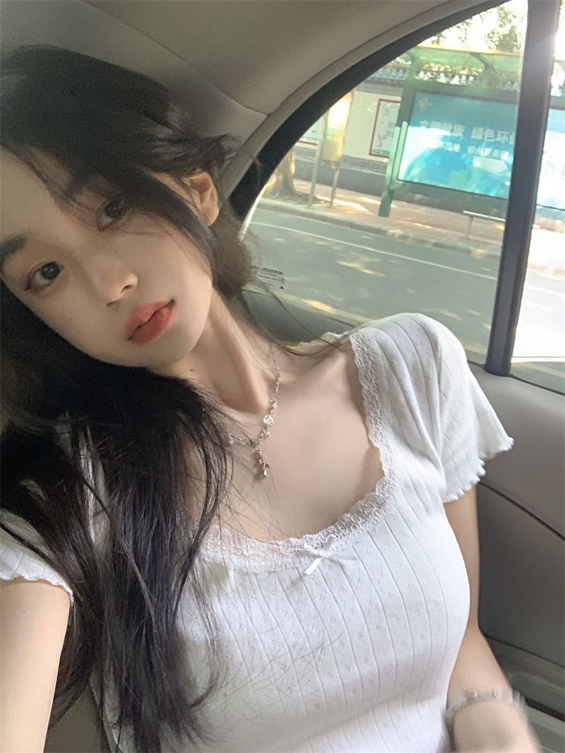 白色纯欲甜美蕾丝修身显瘦打底女夏季正肩短款内搭短袖T恤上衣i