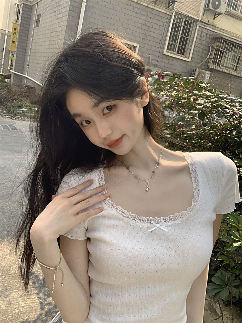 白色纯欲甜美蕾丝修身显瘦打底女夏季正肩短款内搭短袖T恤上衣i