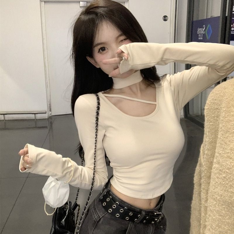 MR【螺纹德绒】秋冬内搭打底衫上衣设计感挂脖半高领修身短款t