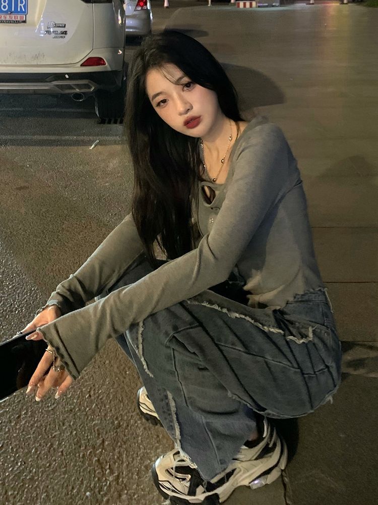 辣妹心机锁骨显瘦短上衣女薄款修身长袖针织T恤夏装