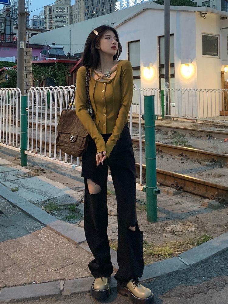 辣妹心机锁骨显瘦短上衣女薄款修身长袖针织T恤夏装