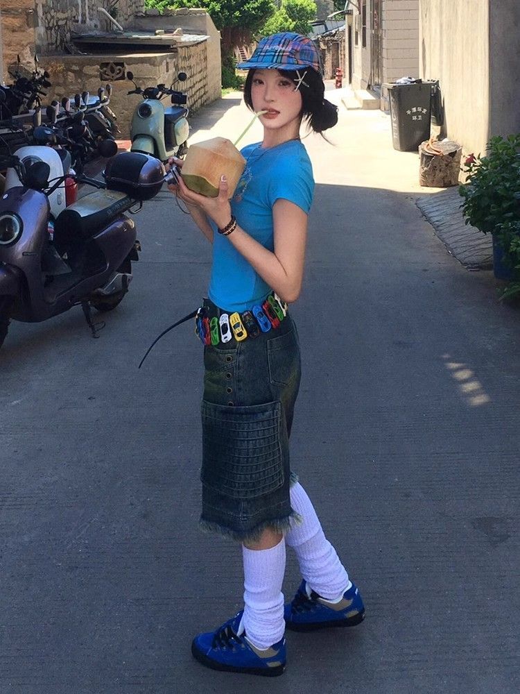 1*1纯棉 高弹力新款夏季短袖短款搭配高腰裤修身显瘦洋气上衣