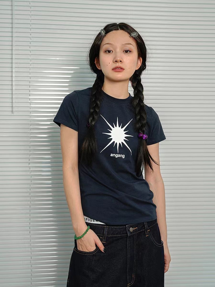 【1*1纯棉 常规款】印花正肩常规短袖 高弹力新款夏季修身显